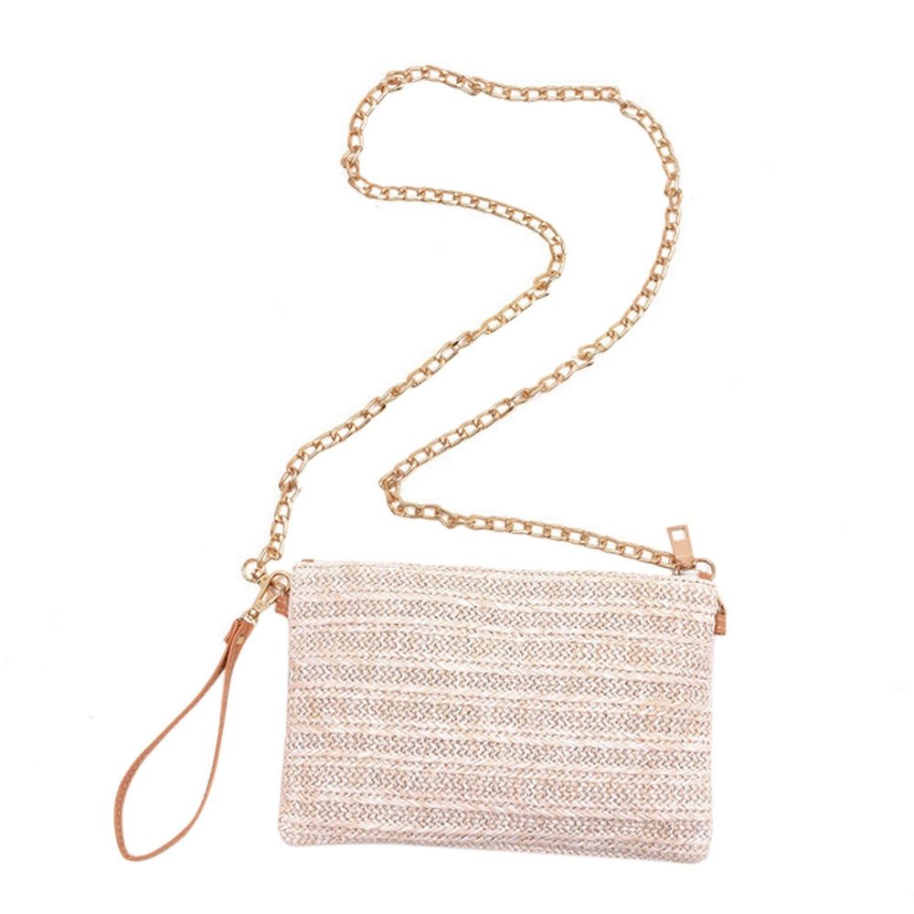 Mini Straw Woven Cross-Body Shoulder Bag Chain Strap Evening Beach B)